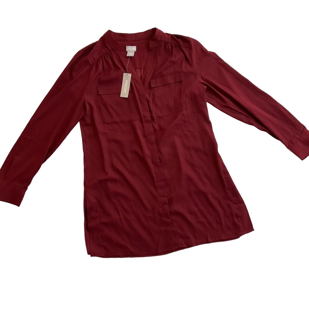 NWT Chico's Burgundy Long Sleeve V-Neck Pockets Satin Tunic Blouse Size 0